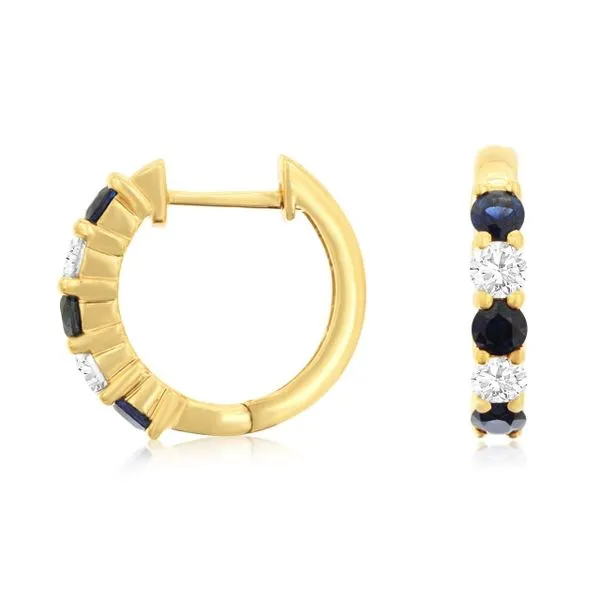 14K Yellow Gold Sapphire and Diamond Huggie Hoop Earrings Quality Gem LLC Bethel, CT
