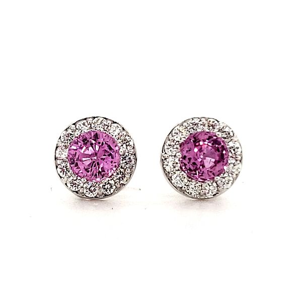 14K White Gold Pink Sapphire and Diamond Halo Stud Earrings Image 2 Quality Gem LLC Bethel, CT