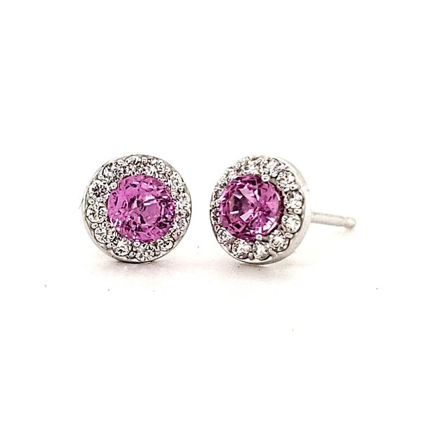 14K White Gold Pink Sapphire and Diamond Halo Stud Earrings Quality Gem LLC Bethel, CT