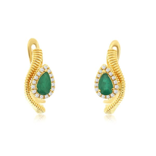 14K Yellow Gold Emerald and Diamond Hoop Earrings Quality Gem LLC Bethel, CT