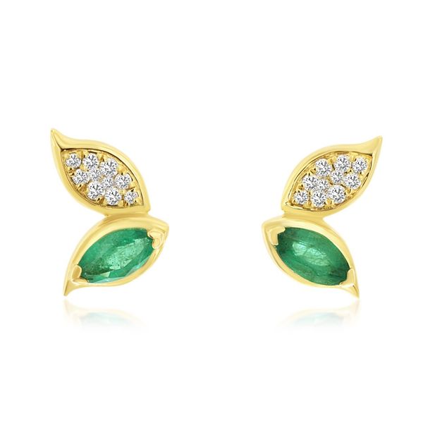 14K Yellow Gold Emerald and Diamond Double Leaf Earrings Quality Gem LLC Bethel, CT