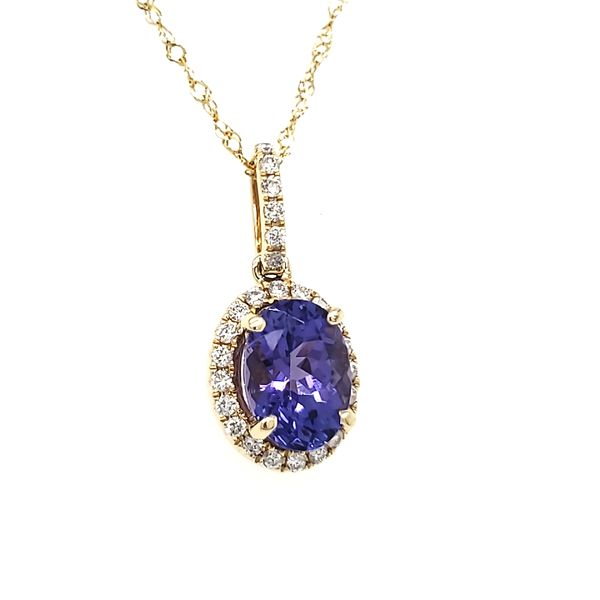 14K Yellow Gold Oval Tanzanite & Diamond Halo Pendant Image 2 Quality Gem LLC Bethel, CT