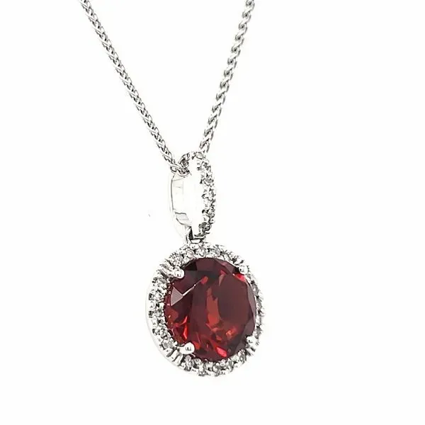 14K White Gold Garnet & Diamond Halo Pendant Image 2 Quality Gem LLC Bethel, CT