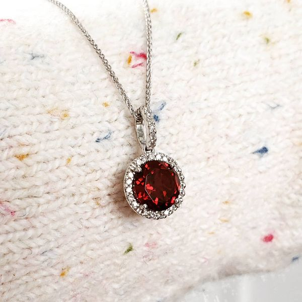 14K White Gold Garnet & Diamond Halo Pendant Image 5 Quality Gem LLC Bethel, CT