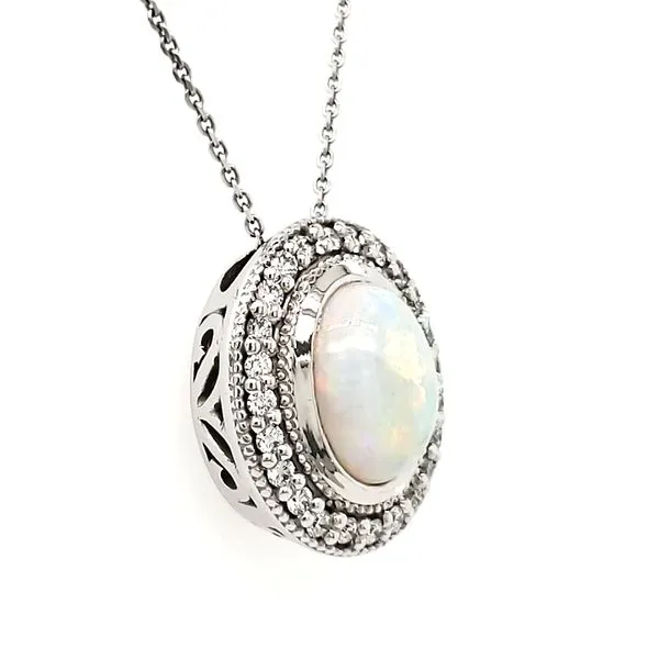 14K White Gold Opal & Diamond Pendant Image 2 Quality Gem LLC Bethel, CT