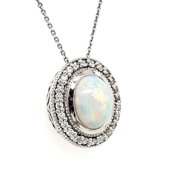14K White Gold Opal & Diamond Pendant Image 3 Quality Gem LLC Bethel, CT
