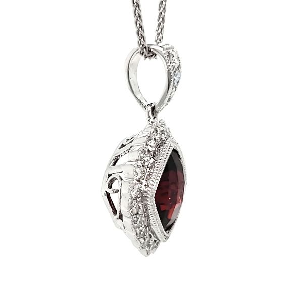 14K White Gold Cushion Garnet & Diamond Antique Style Pendant Image 3 Quality Gem LLC Bethel, CT