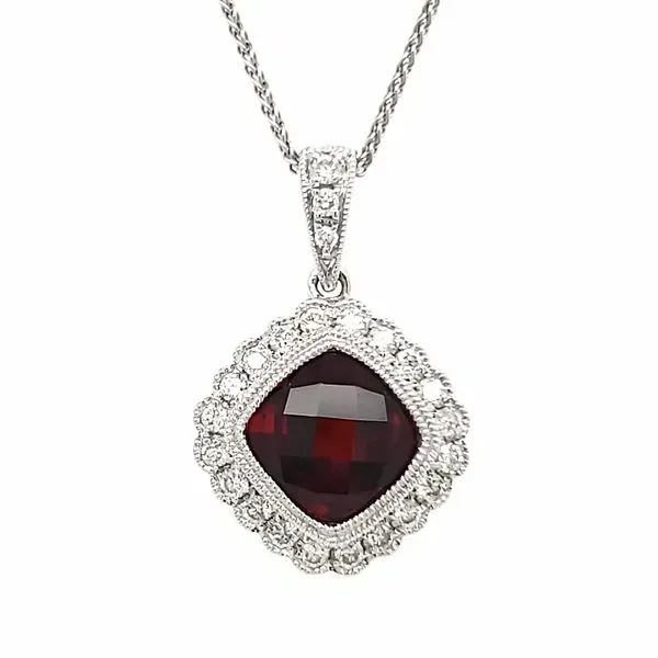 14K White Gold Cushion Garnet & Diamond Antique Style Pendant Quality Gem LLC Bethel, CT