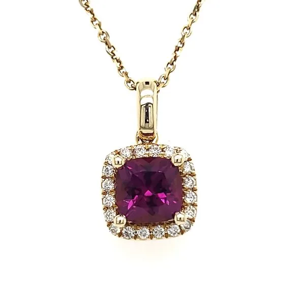 14K Yellow Gold Purple Cushion Garnet & Diamond Pendant Quality Gem LLC Bethel, CT