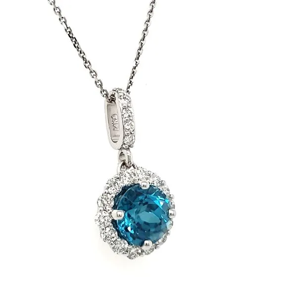 14K White Gold Blue Zircon & Diamond Halo Pendant Image 2 Quality Gem LLC Bethel, CT