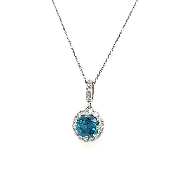 14K White Gold Blue Zircon & Diamond Halo Pendant Image 4 Quality Gem LLC Bethel, CT