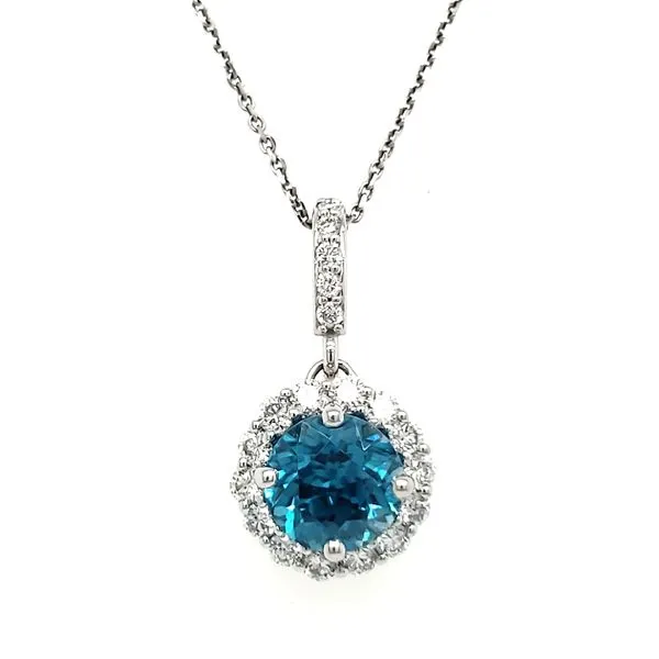 14K White Gold Blue Zircon & Diamond Halo Pendant Quality Gem LLC Bethel, CT