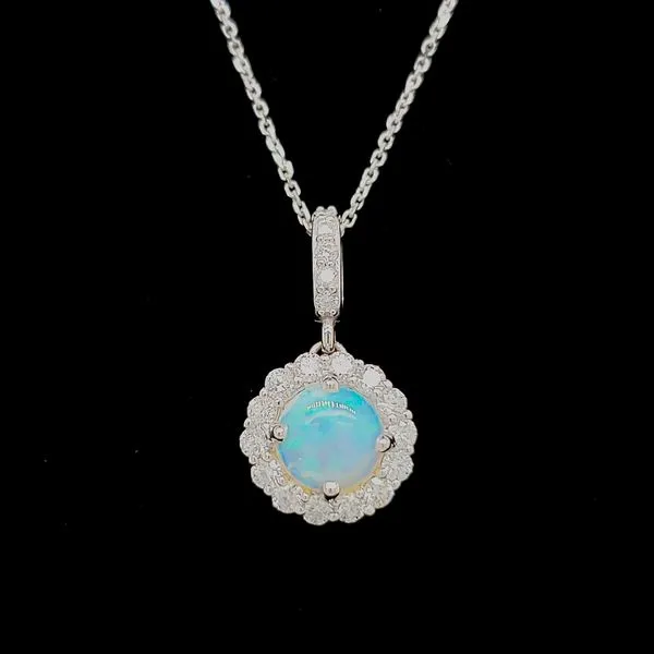 14K White Gold Round Opal & Diamond Halo Pendant Image 4 Quality Gem LLC Bethel, CT