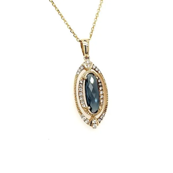 14K Yellow Gold Elongated London Blue Topaz & Diamond Pendant Image 2 Quality Gem LLC Bethel, CT