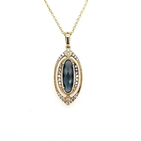 14K Yellow Gold Elongated London Blue Topaz & Diamond Pendant Quality Gem LLC Bethel, CT