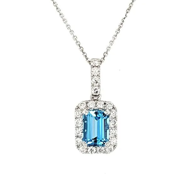 14K White Gold Rectangular Aquamarine & Diamond Halo Pendant Length 18 Inches Quality Gem LLC Bethel, CT