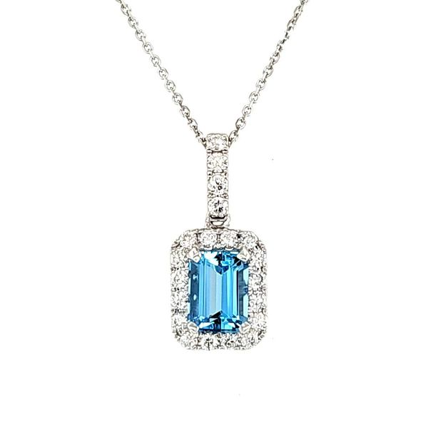 14K White Gold Rectangular Aquamarine & Diamond Halo Pendant Length 18 Inches Quality Gem LLC Bethel, CT