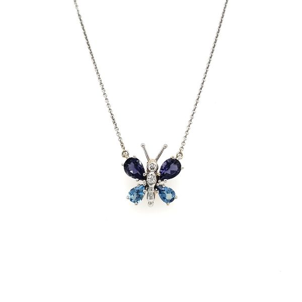 14K White Gold Aquamarine, Iolite & Diamond Butterfly Necklace Image 3 Quality Gem LLC Bethel, CT