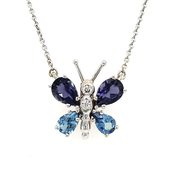 14K White Gold Aquamarine, Iolite & Diamond Butterfly Necklace Quality Gem LLC Bethel, CT