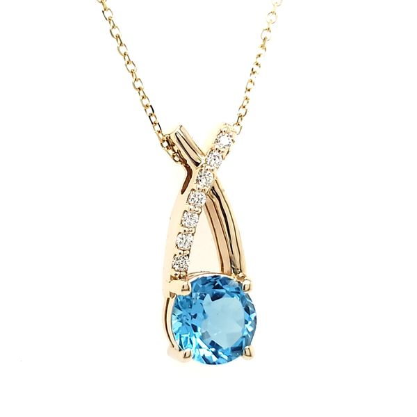 14K Yellow Gold Wishbone Blue Topaz & Diamond Pendant Image 2 Quality Gem LLC Bethel, CT