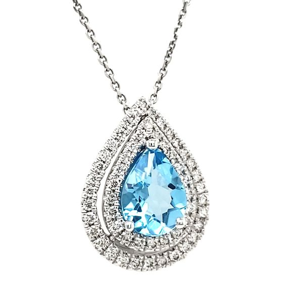 14K White Gold Pear Blue Topaz & Double Diamond Halo Pendant Image 2 Quality Gem LLC Bethel, CT