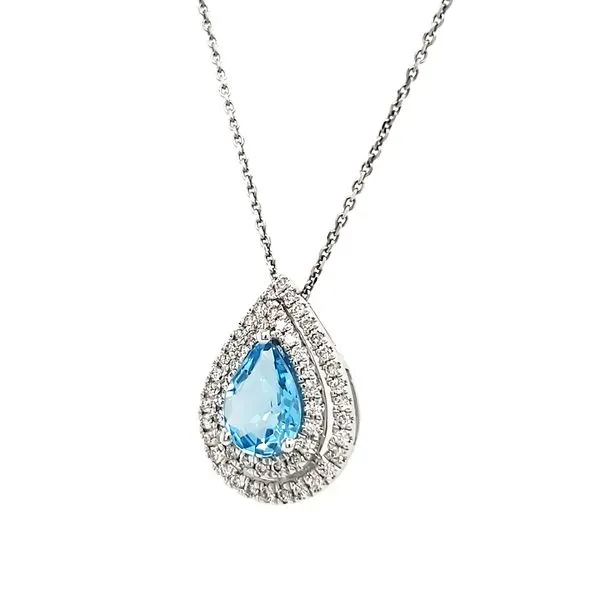 14K White Gold Pear Blue Topaz & Double Diamond Halo Pendant Image 4 Quality Gem LLC Bethel, CT