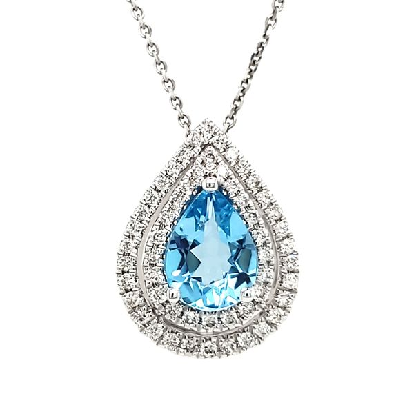 14K White Gold Pear Blue Topaz & Double Diamond Halo Pendant Quality Gem LLC Bethel, CT