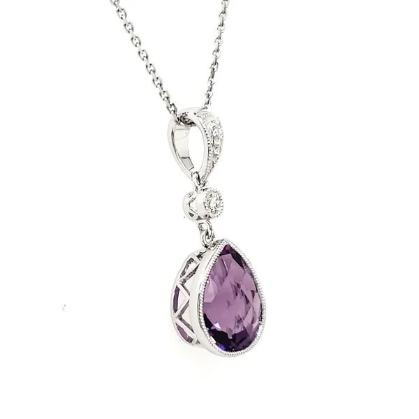 14K White Gold Milgrain Bezel Pear Amethyst & Diamond Pendant Image 2 Quality Gem LLC Bethel, CT