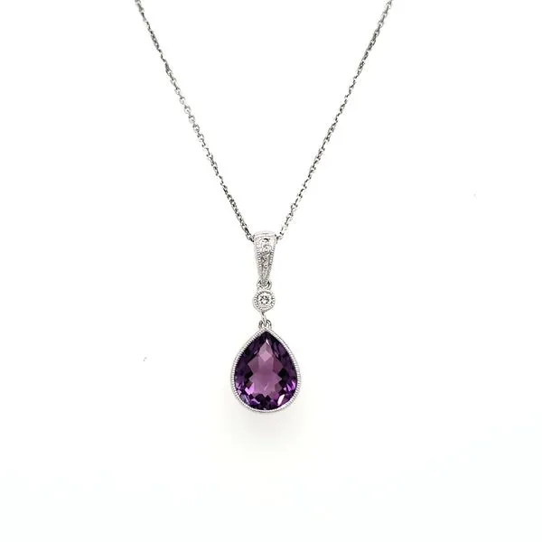 14K White Gold Milgrain Bezel Pear Amethyst & Diamond Pendant Image 3 Quality Gem LLC Bethel, CT