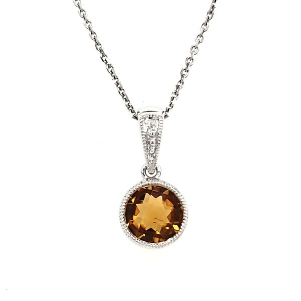 14K White Gold Round Milgrain Bezel Citrine Pendant Quality Gem LLC Bethel, CT