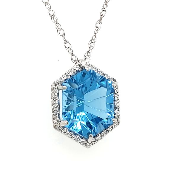 14K White Gold Fantasy Cut Blue Topaz & Diamond Pendant Image 2 Quality Gem LLC Bethel, CT