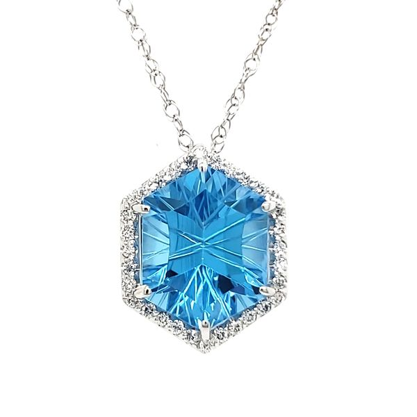 14K White Gold Fantasy Cut Blue Topaz & Diamond Pendant Quality Gem LLC Bethel, CT