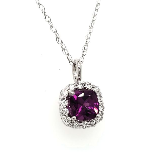 14K White Gold Cushion Purple & Diamond Halo Pendant Image 2 Quality Gem LLC Bethel, CT