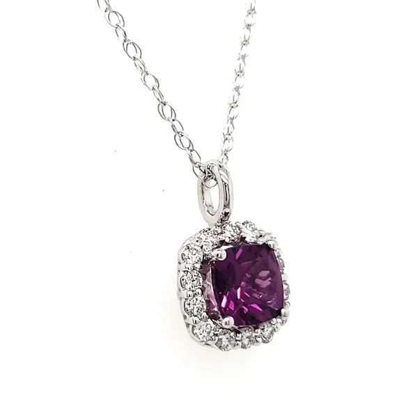 14K White Gold Cushion Purple & Diamond Halo Pendant Image 3 Quality Gem LLC Bethel, CT
