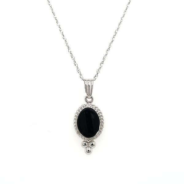 14K White Gold Oval Onyx Beaded Bezel Pendant Image 2 Quality Gem LLC Bethel, CT