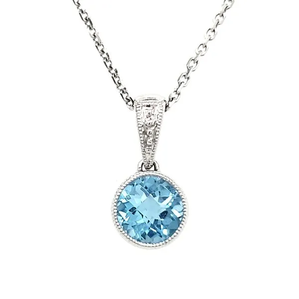 14K White Gold Round Milgrain Bezel Blue Topaz Pendant Quality Gem LLC Bethel, CT