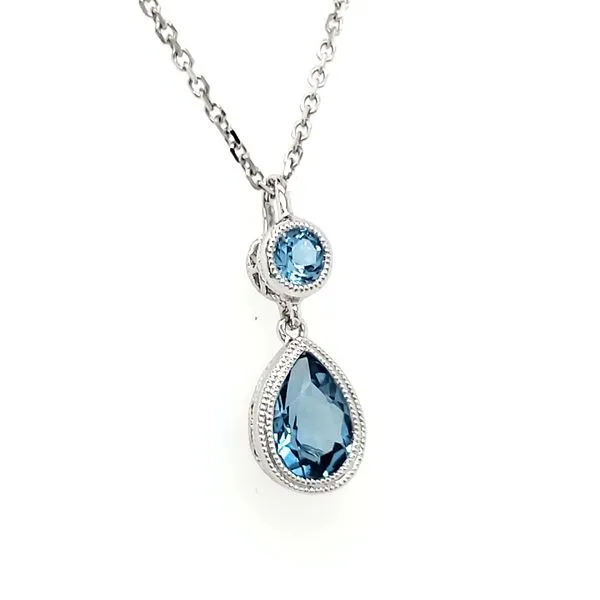 14K White Gold Double Milgrain Bezel Round & Pear Blue Topaz Pendant Image 2 Quality Gem LLC Bethel, CT