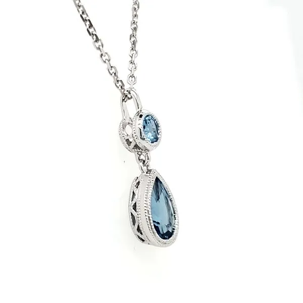 14K White Gold Double Milgrain Bezel Round & Pear Blue Topaz Pendant Image 3 Quality Gem LLC Bethel, CT