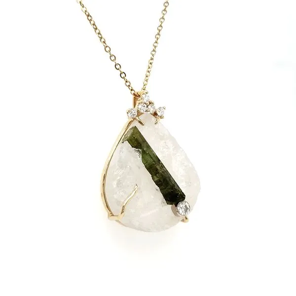 14K Yellow Gold Handmade Tourmaline in Quartz & Diamond Pendant Image 3 Quality Gem LLC Bethel, CT