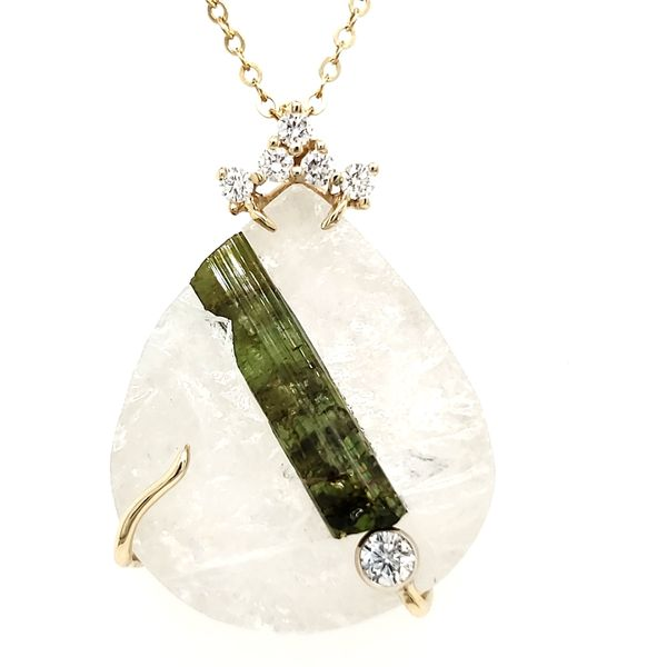 14K Yellow Gold Handmade Tourmaline in Quartz & Diamond Pendant Quality Gem LLC Bethel, CT