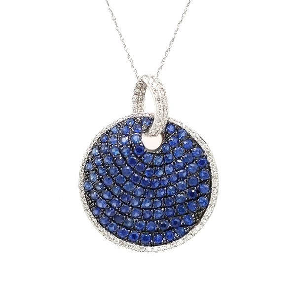 14K White Gold Pavé Sapphire & Diamond Wavy Disc Pendant Quality Gem LLC Bethel, CT