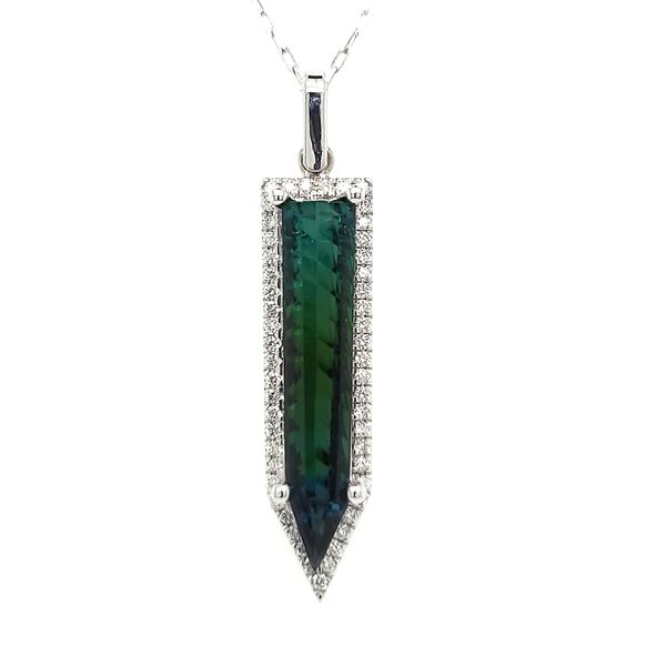 14K White Gold Fantasy Bullet Cut Tricolor Tourmaline & Diamond Pendant Image 2 Quality Gem LLC Bethel, CT