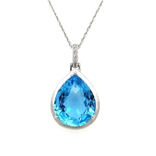 14K White Gold Satin Finish Pear Blue Topaz & Diamond Pendant Quality Gem LLC Bethel, CT