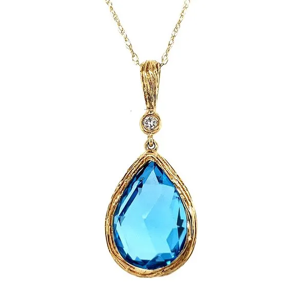 14K Yellow Gold Textured Pear Blue Topaz & Diamond Pendant Image 2 Quality Gem LLC Bethel, CT