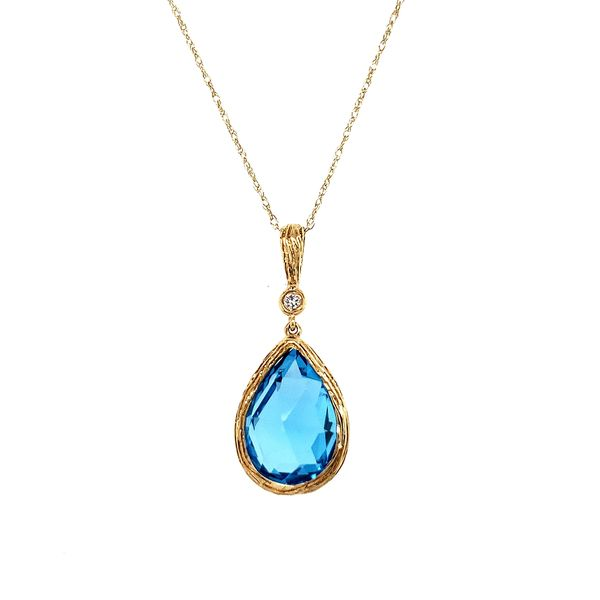 14K Yellow Gold Textured Pear Blue Topaz & Diamond Pendant Image 3 Quality Gem LLC Bethel, CT