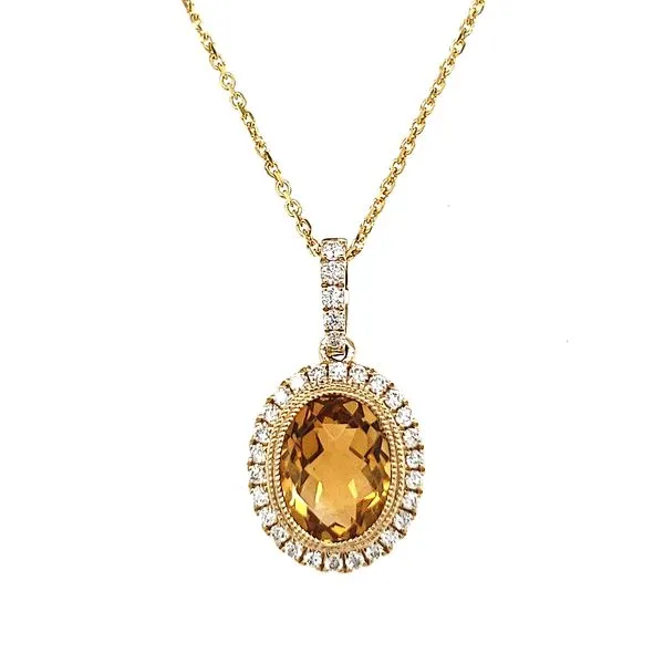 14K Yellow Gold Citrine and Diamond Halo Pendant Quality Gem LLC Bethel, CT