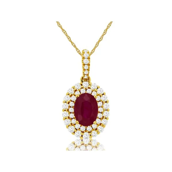 14K Yellow Gold Ruby & Double Diamond Halo Pendant Quality Gem LLC Bethel, CT
