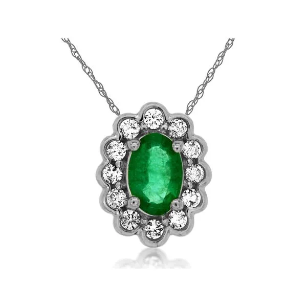 14K White Gold Emerald & Diamond Bezel Halo Pendant Quality Gem LLC Bethel, CT