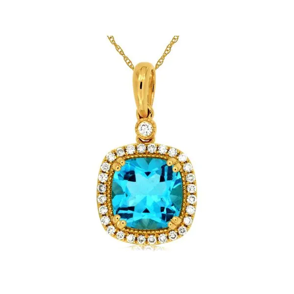 14K Yellow Gold Cushion Blue Topaz & Diamond Halo Pendant Quality Gem LLC Bethel, CT