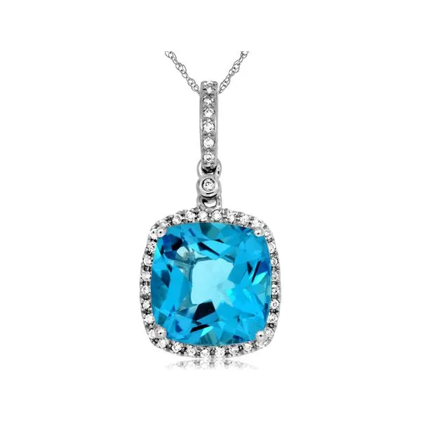 14K White Gold Blue Topaz and Diamond Cushion Halo Pendant Quality Gem LLC Bethel, CT